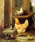 A Hen, Chicks And Pigeons by Edgar Hunt